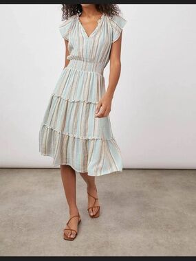 Tiered Smocked Waist Midi Dress in Light Blue Stripe